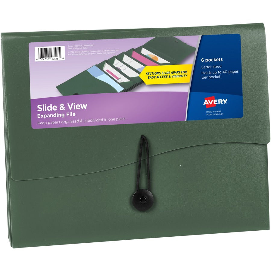 Avery&reg, Slide & View Letter Organizer Folder - 8 1/2" x 11" - 40 Sheets Capacity - 6 Pocket - Plastic, Poly, Polypropylene - Sage - 100% Recycled - 1 Each