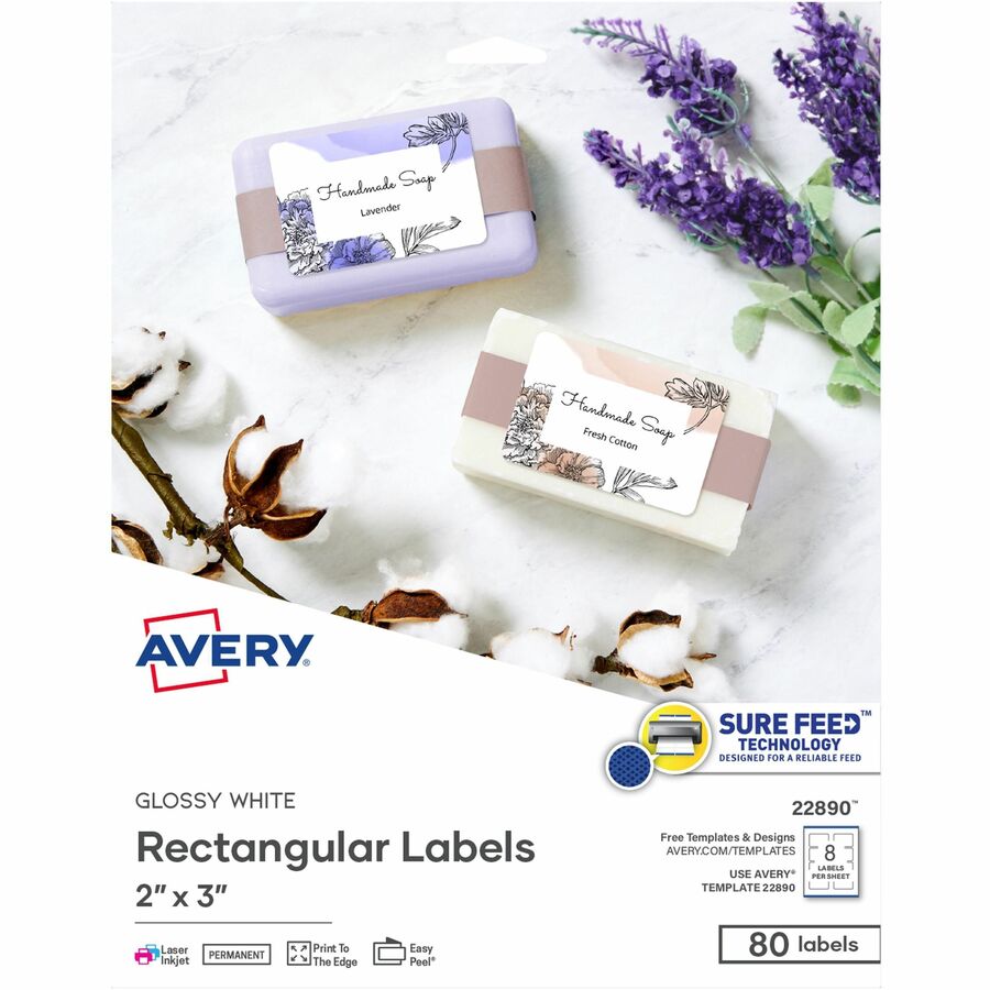 Avery&reg, Glossy White Labels, 2" x 3" , 80 Labels (22890) - 2" Height x 3" Width - Permanent Adhesive - Rectangle - Gloss White - 8 / Sheet - 80 / Pack