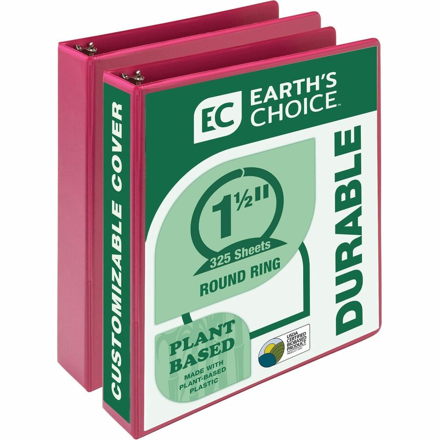 Samsill Earth's Choice Plant-based View Binders - 1 1/2" Binder Capacity - Letter - 8 1/2" x 11" Sheet Size - 3 Ring - Fastener: Round Ring - Chipboard, Polypropylene, Plastic - Berry - Bio-based, Durable, Recyclable, Punched, Clear Overlay, Non-glare...