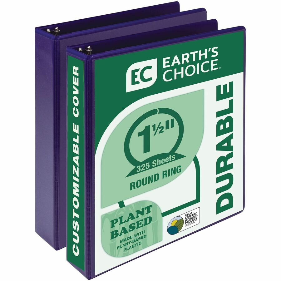 Samsill Earth's Choice Plant-based View Binders - 1 1/2" Binder Capacity - Letter - 8 1/2" x 11" Sheet Size - 3 Ring - Fastener: Round Ring - Chipboard, Polypropylene, Plastic - Purple - Bio-based, Durable, Recyclable, Punched, Clear Overlay, Non-glare...
