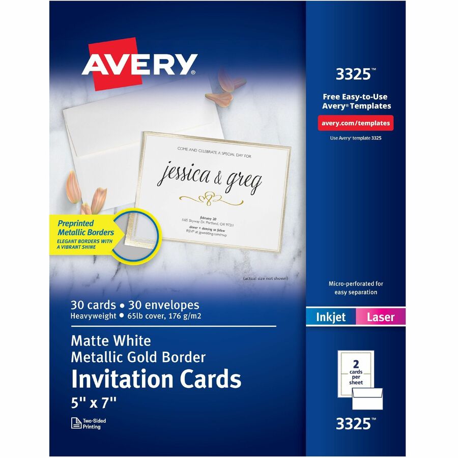 Avery&reg, Invitation Cards with Metallic Gold Borders - 5" Width x 7" Length - Rectangle - Inkjet, Laser - Matte - Matte White - Gold Border - Paper, Card Stock - 15 / Sheet - 2 Total Sheets - 30 / Pack