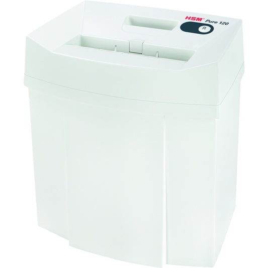 HSM Pure 120 - 5/32" x 1" - Particle Cut - 6 Per Pass - for shredding Staples, Paper, Paper Clip, Credit Card - 0.156" x 1" Shred Size - P-4/T-4/E-3/F-1 - 8.86" Throat - 5.30 gal Wastebin Capacity - White