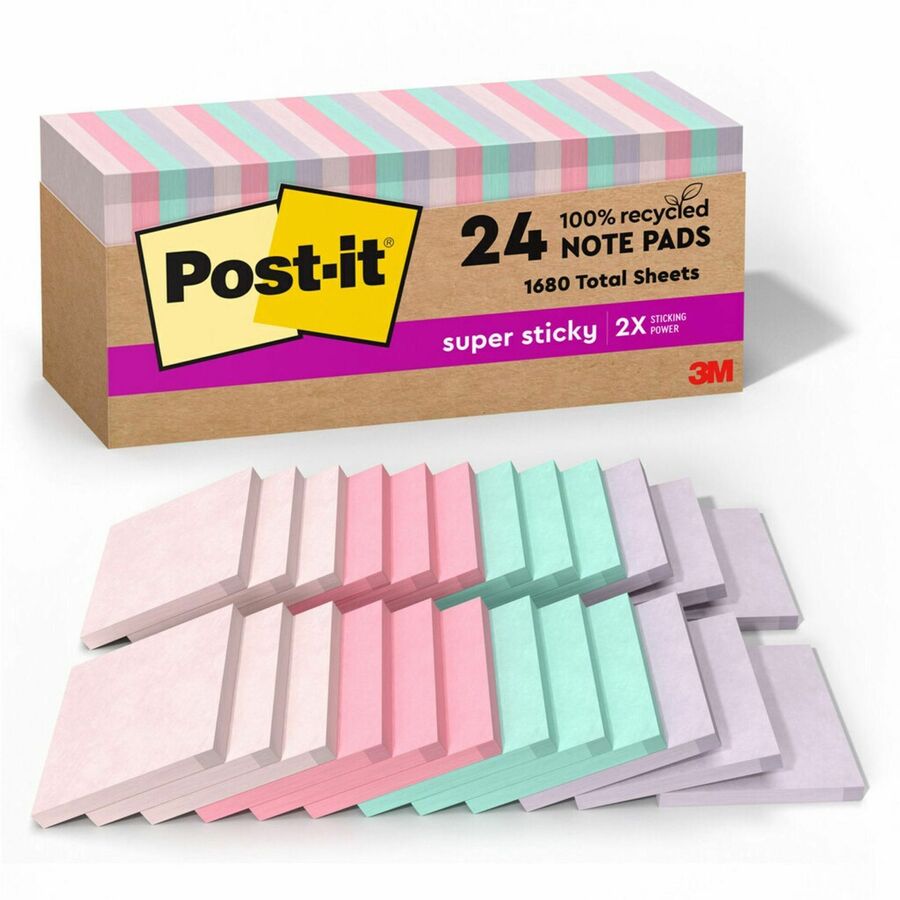 Post-it&reg, Recycled Super Sticky Notes - 70 - 3" Flag/Note Width x 3" Flag/Note Length - Square - 70 Sheets per Pad - Wanderlust Pastels - Adhesive - 24 / Pack