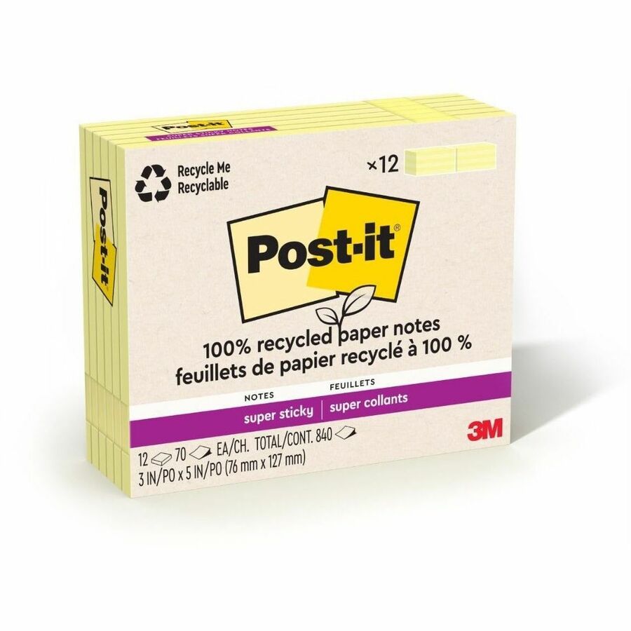 Post-it&reg, Recycled Super Sticky Notes - 90 - 3" Flag/Note Width x 5" Flag/Note Length - Rectangle - 70 Sheets per Pad - Canary Yellow - Adhesive - 12 / Pack