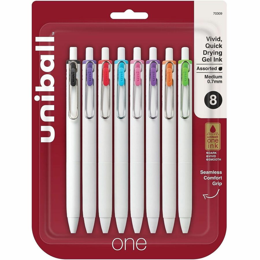 uniball™, UB One Gel Pens - Retractable - Assorted Ink - Pigment-based, Gel-based - White Barrel - 8 / Pack