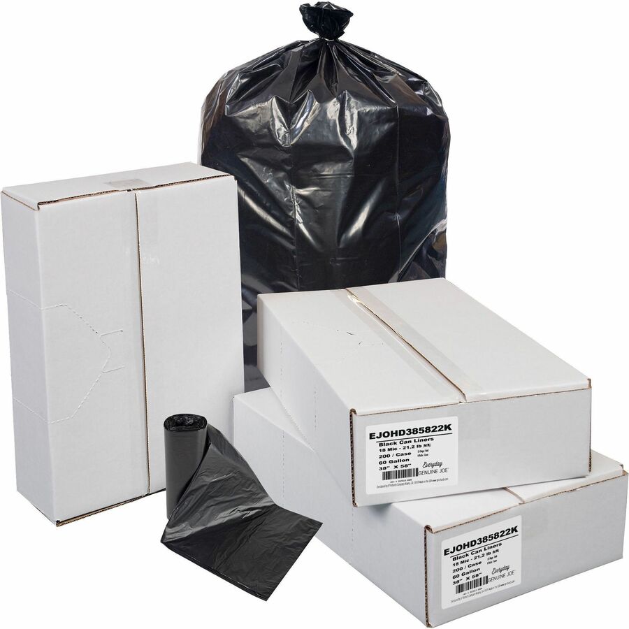 Everyday Genuine Joe High-Density Can Liners - 60 gal Capacity - 58" Length x 38" Width x 0.71 mil (18 Micron) Thickness - High Density - Black - Resin - Office Waste, Receptacle - 200 / Carton