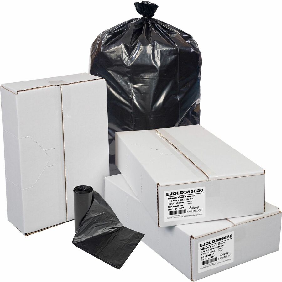 Everyday Genuine Joe Low-Density Can Liners - 60 gal Capacity - 58" Length x 38" Width x 1.50 mil (38 Micron) Thickness - Low Density - Black - Resin - Office Waste, Receptacle - Recycled - 100 / Carton