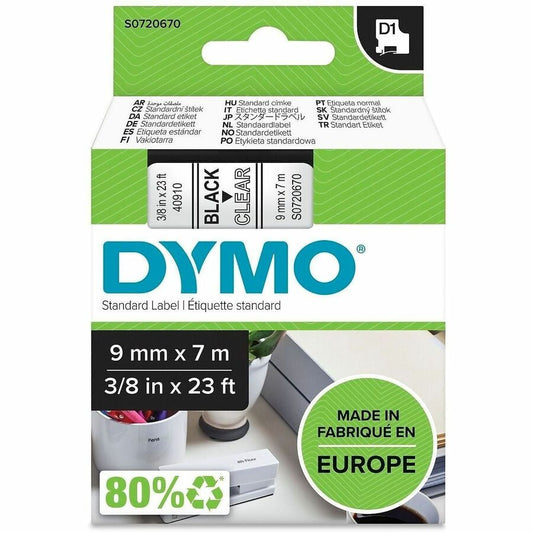 Dymo D1 Electronic Tape Cartridge - 3/8" Width x 23 ft Length - Rectangle - Thermal Transfer - Glossy - Black, Clear - Plastic - 1 Each