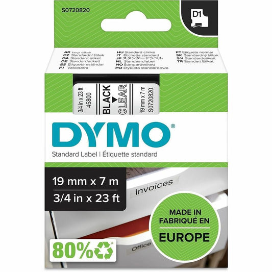 Dymo D1 Electronic Tape Cartridge - 3/4" Width x 23 ft Length - Rectangle - Thermal Transfer - Black, Clear - Plastic - 1 Each