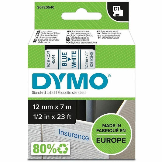 Dymo D1 Electronic Tape Cartridge - 1/2" Width x 23 ft Length - Rectangle - Thermal Transfer - Glossy - Blue, White - 1 Each