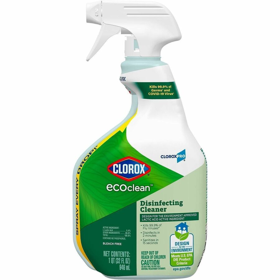 CloroxPro™, EcoClean Disinfecting Cleaner Spray - Ready-To-Use - 32 fl oz (1 quart) - Fresh Scent - Refillable, Disinfectant, Bleach-free, Alcohol-free, Phosphate-free, Odor Resistant - Green, White - 1 Each