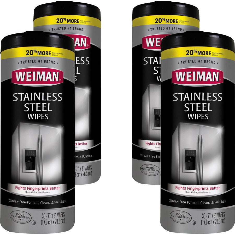 Weiman Stainless Steel Wipes - Streak-free, Fingerprint Resistant, Dust Resistant, Dirt Resistant, Pre-moistened, Grease Resistant, pH Neutral - White - 30/Tub - 4 / Carton