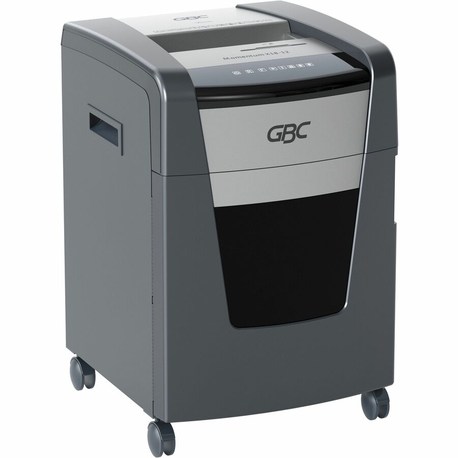 GBC Momentum Paper Shredder, X18-12, Micro-Cut, P-4, Anti-Jam, 18 Sheets - Continuous Shredder - Micro Cut - 18 Per Pass - for shredding Paper Clip, Paper, Junk Mail, Staples, CD, Credit Card - P-4 - 9" Throat - 4 Hour Run Time - 7 gal Wastebin Capacit...