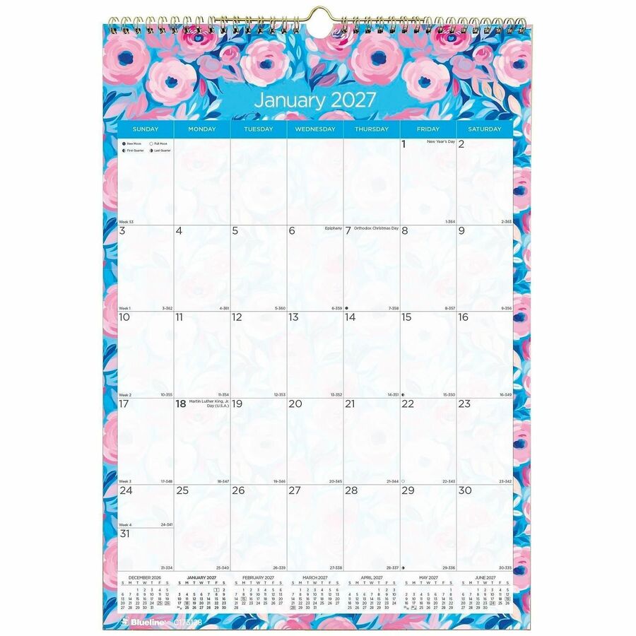 Blueline Abstract Floral Monthly Wall Calendar - Monthly - 12 Month - January 2027 to December 2027 - 1 Month Single Page Layout - 17" x 12" Sheet Size - Wire Bound - Wall Mount - Abstract Floral - Chipboard - 1 Each