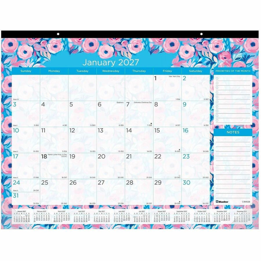 Blueline Abstract Floral Monthly Desk Pad - Monthly - 12 Month - January 2027 to December 2027 - 1 Month Single Page Layout - 1 Each