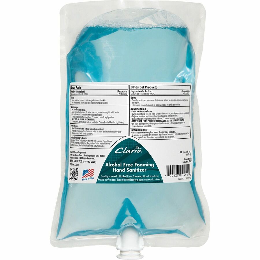 Betco Clario Hand Sanitizer Foam - Light Fresh, Fresh Neutral Scent - 1.06 quart - Kill Germs, Bacteria Remover - Hand, Skin - Light Green - Pleasant Scent - 6 / Carton