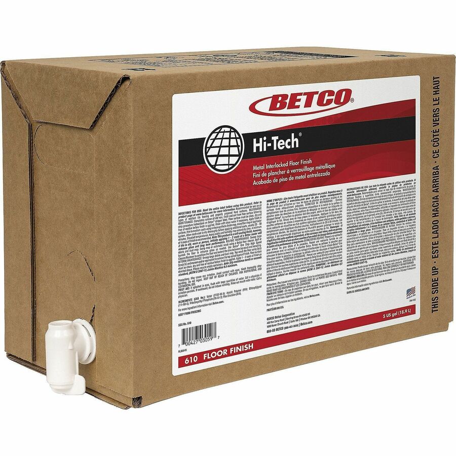 Betco Hi-Tech Metal Interlocked Floor Finish - 640 fl oz (20 quart) - 8.1 to 8.9 pH - Mild Scent - Self-sealing, Self-Leveling, Slip Resistant - Milky White, Clear - 1 Each
