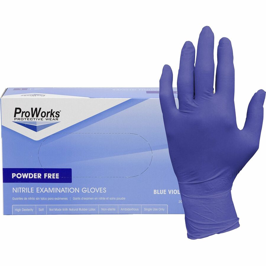 ProWorks Nitrile Powder-Free Exam Gloves - 3 mil Thickness x 9.50" Glove Length - Large Size - Nitrile - Blue Violet - Soft, Flexible, Comfortable, Latex-free, Non-sterile - For General Purpose, Industrial, Food Service, Gardening, Dental - 200/Box - 1...