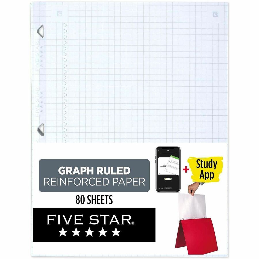 Five Star Reinforced Graph-Ruled Filler Paper - 80 Pages - Ruled Margin - Letter - 8 1/2" x 11" Sheet Size - White Paper - Heavyweight, Non-bleeding, Durable, Tear Resistant, Reinforced, Hole-punched - 1 Each