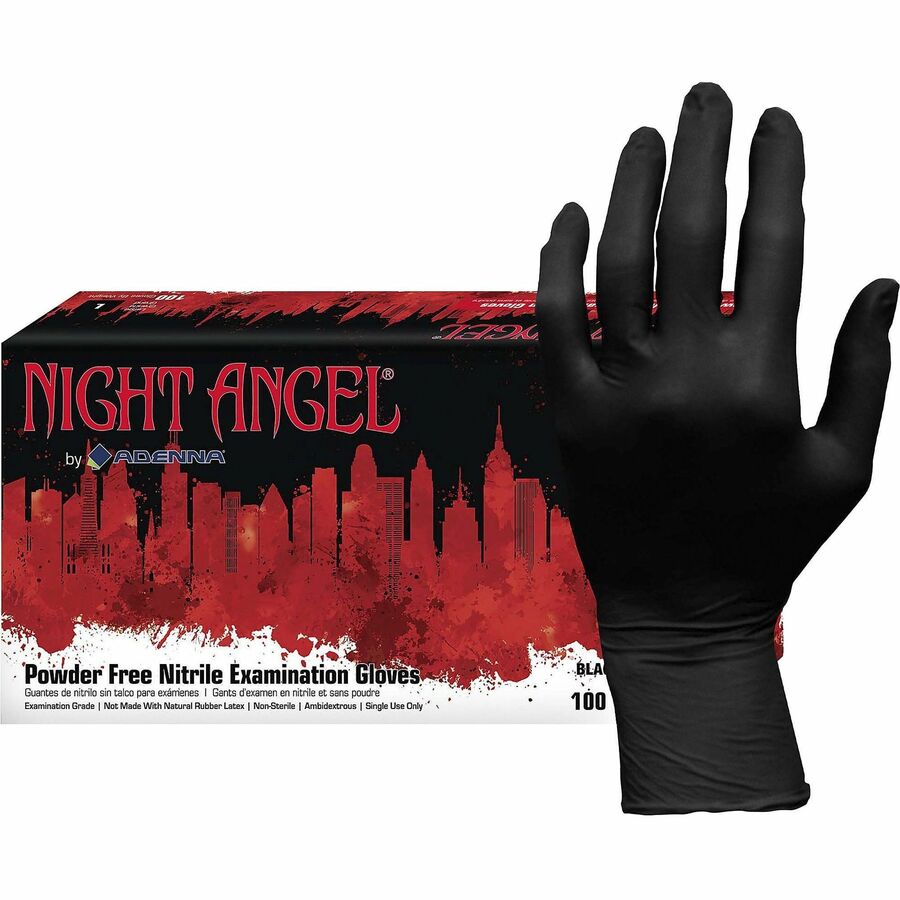 NIGHT ANGEL Nitrile Powder Free Exam Glove - 4 mil Thickness x 9.40" Glove Length - Large Size - For Right/Left Hand - Nitrile - Black - Latex-free, Soft, Flexible, Non-sterile, Textured - For Examination, Tattoo Studio, Cosmetology, Law Enforcement, C...