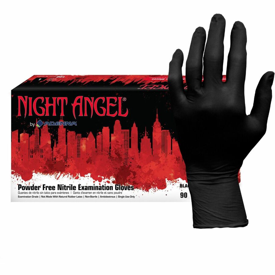 NIGHT ANGEL Nitrile Powder Free Exam Glove - 4 mil Thickness x 9.40" Glove Length - X-Large Size - For Right/Left Hand - Nitrile - Black - Latex-free, Soft, Flexible, Non-sterile, Textured - For Examination, Tattoo Studio, Cosmetology, Law Enforcement...
