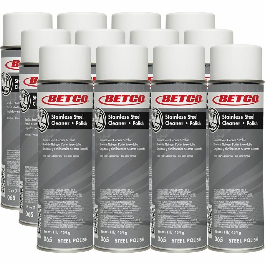 Betco Stainless Steel Cleaner & Polish - Ready-To-Use - 16 fl oz (0.5 quart) - Characteristic Scent - Non-greasy, Film-free - White Can - 12 / Carton