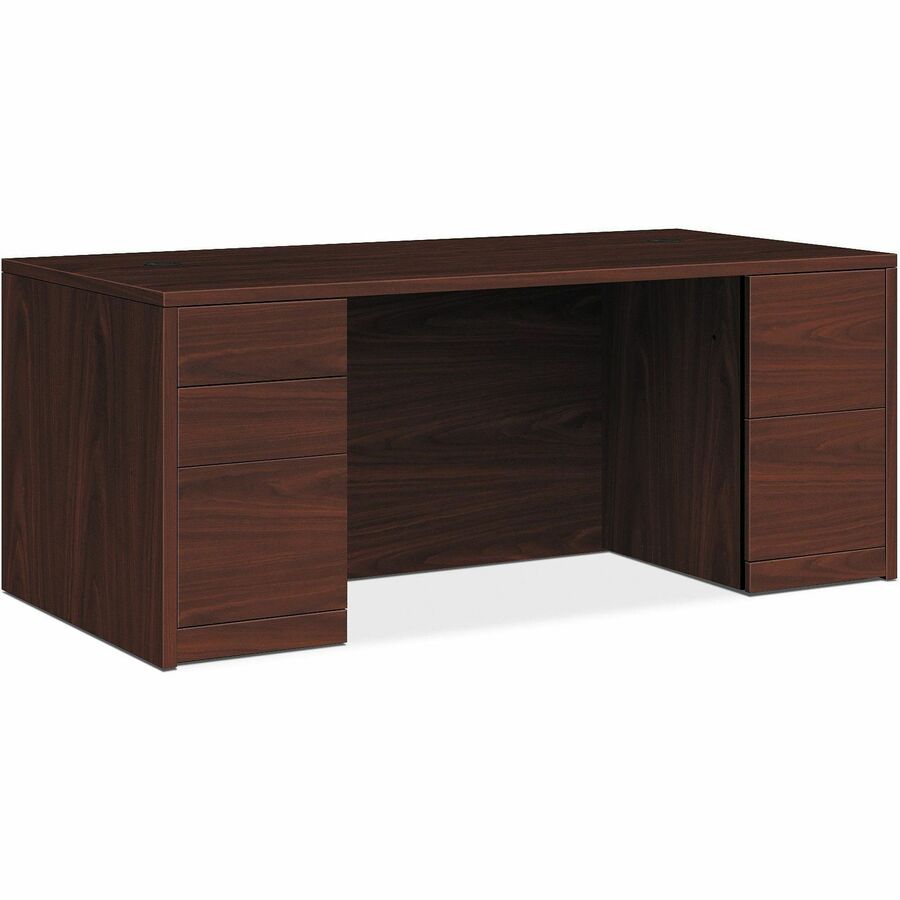 HON 10500 Series Mahogany Laminate Office Desking - Rectangle - 29.5" Height x 66" Width x 30" Depth - Total Drawer(s): 5 - Double Pedestal - Modesty Panel, Scratch Resistant, Spill Resistant, Wear Resistant, Ball-bearing Suspension, Drawer Extension...