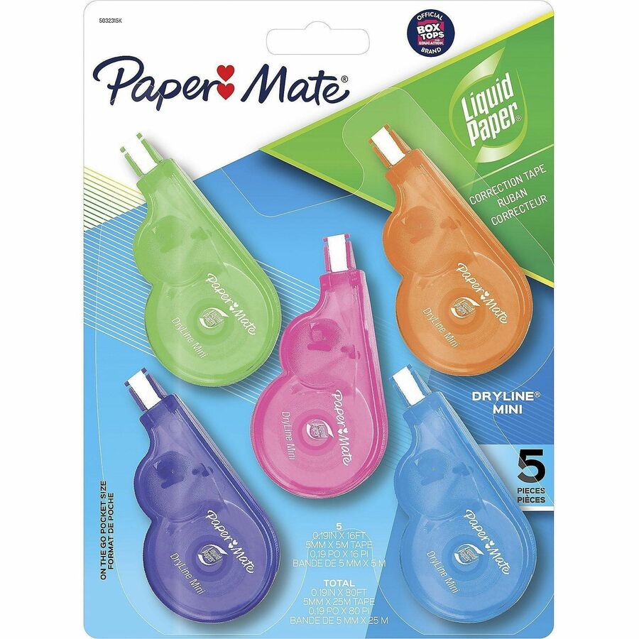 Paper Mate Dryline Mini Grip Correction Tape - 0.20" Tape Width x 16.40 ft Tape Length - White Tape - Assorted Dispenser - Break Resistant, Mess-free - White - 5 / Pack
