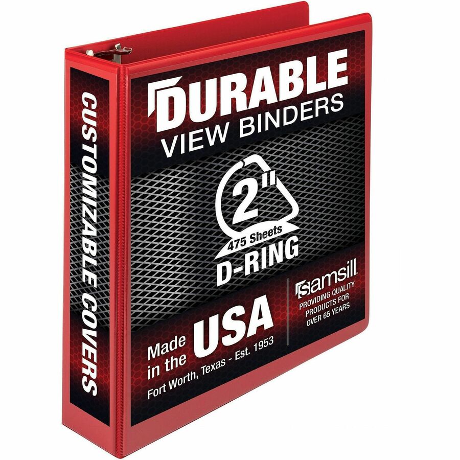 Samsill Durable Three-Ring View Binder - 2" Binder Capacity - 475 Sheet Capacity - 3 Ring - Fastener: D-Ring - Pocket: 2, Internal - Polypropylene, Chipboard - Red - Durable, PVC-free, Ink-transfer Resistant, Clear Overlay, Sturdy - 1 Each