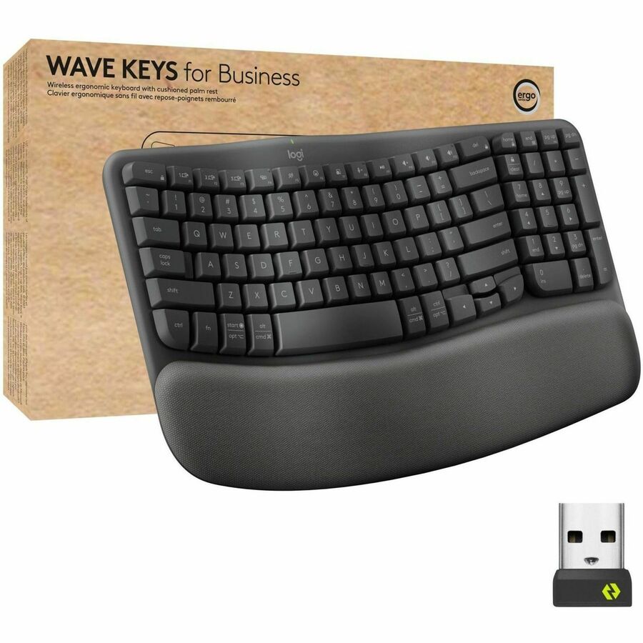 Logitech Wave Keys for Business Ergonomic Keyboard - Wireless Connectivity - Bluetooth - Compact - 5.1 - 32.81 ft - USB Type A Interface - Windows, Mac OS, ChromeOS - Computer - PC, Mac - AAA Battery Size Supported - Graphite