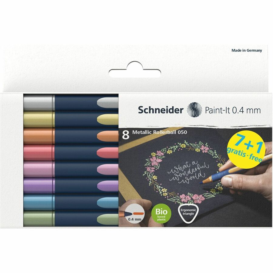 Schneider Metallic Rollerball Pens - Assorted Metallic Ink - Bioplastic Barrel - 8 / Pack