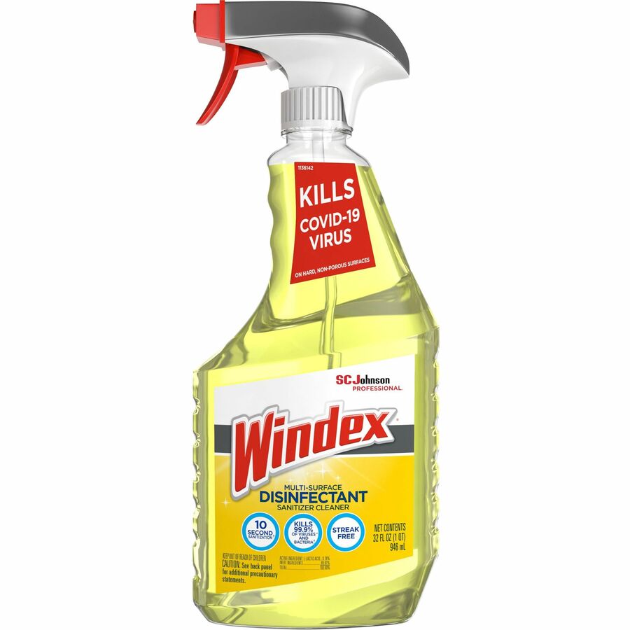Windex&reg, Multisurface Disinfectant Spray - Concentrate - 32 fl oz (1 quart) - Citrus Scent - Streak-free, Residue-free - Yellow Trigger Bottle - 8 / Carton