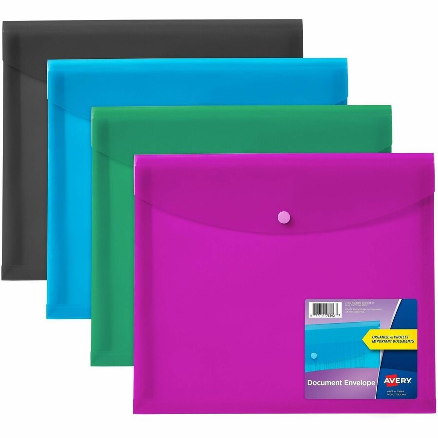 Avery&reg, Letter, A4 Filing Envelope - 450 Sheets Capacity - Plastic, Polypropylene - Black, Aqua, Sage, Plum - 100% Recycled - 4 / Pack