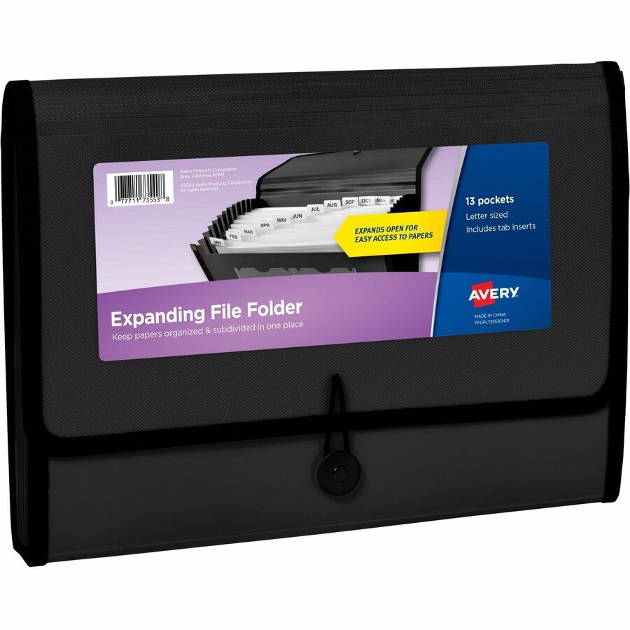 Avery&reg, Letter, A4 Expanding File - 425 Sheets Capacity - 13 Pocket - Polypropylene, Plastic, Fabric - Black - 100% Recycled - 1 Each