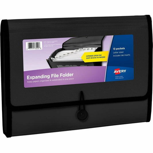 Avery, Letter, A4 Expanding File - 425 Sheets Capacity - 13 Pocket - Polypropylene, Plastic, Fabric - Black - 100% Recycled - 1 Each