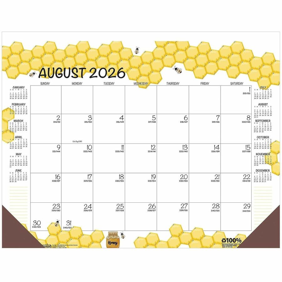 House of Doolittle Recycled Monthly Desk Pad Academic Calendar Honeycomb 22 x 17 Inches - Academic - Julian Dates - Monthly - 12 Month - August 2026 to July 2027 - 22" x 17" Sheet Size - Multicolor/White Sheet - 2.38" x 2.50" Block - Glue Top - Desk Pa...