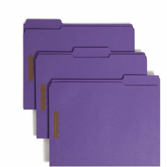 Smead 1/3 Tab Cut Letter Fastener Folder with Fastener - 8 1/2" x 11" - 3/4" Expansion - 2 x 2K Fastener - 2" Fastener Capacity - Top Tab Location - Assorted Tab Position - 11 pt. - 2 Plys - Stock, Paper Stock - Purple - 10% Recycled - 50 / Box
