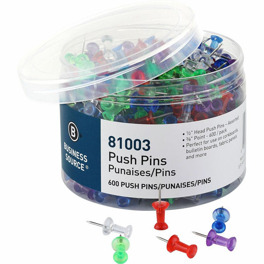 Business Source 1/2" Head Pushpins - 0.50" Head - for Notes, Photo, Corkboard, Bulletin Board, Fabric Panel - Assorted - 600 / Pack
