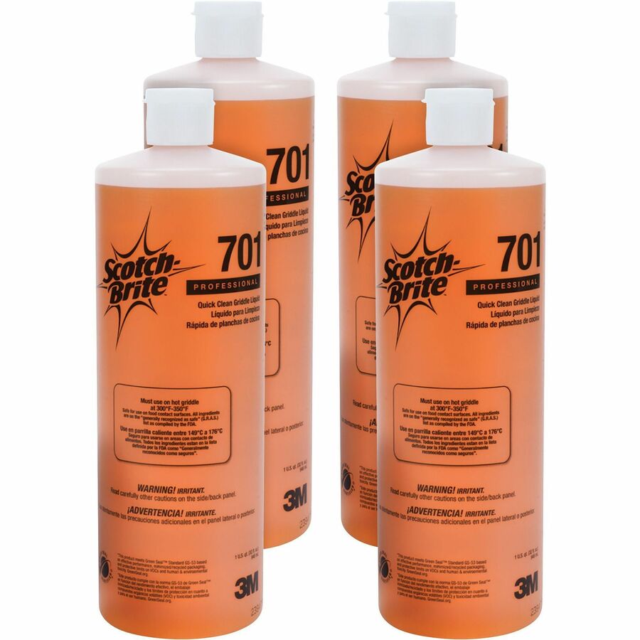 Scotch-Brite Quick Clean Griddle Liquid 701 - 32 fl oz (1 quart) - Caustic-free, Odor-free - Orange Bottle - 4 / Carton