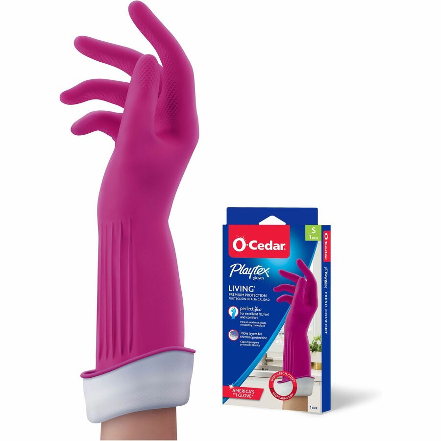 O-Cedar Playtex Living Gloves - 14" Glove Length - Chemical, Bacteria Protection - Small Size - Latex, Neoprene, Nitrile - Pink - Anti-microbial, Reusable, Durable, Comfortable, Odor Resistant, Textured Palm, Textured Fingertip - For Household, Cleanin...