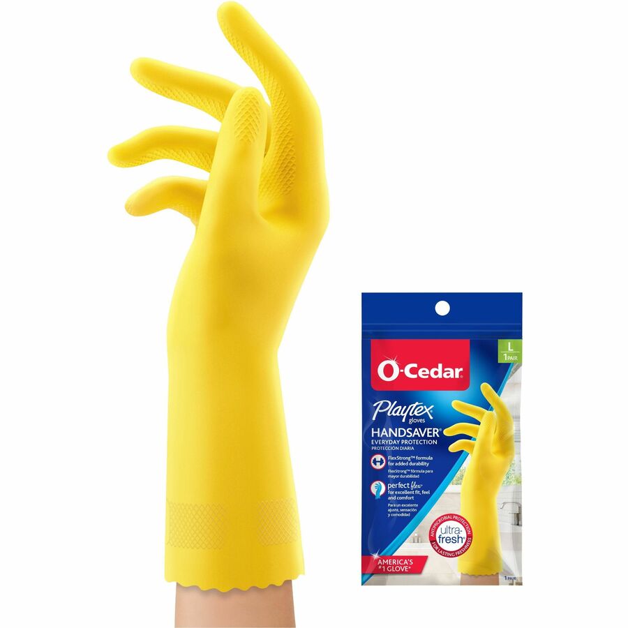 O-Cedar Playtex Handsaver Gloves - Hot Water, Chemical Protection - Large Size - Latex, Nitrile, Neoprene - Yellow - Long Lasting, Durable, Anti-microbial, Odor Resistant, Comfortable, Textured Fingertip, Textured Palm, Reusable - For Household, Cleani...