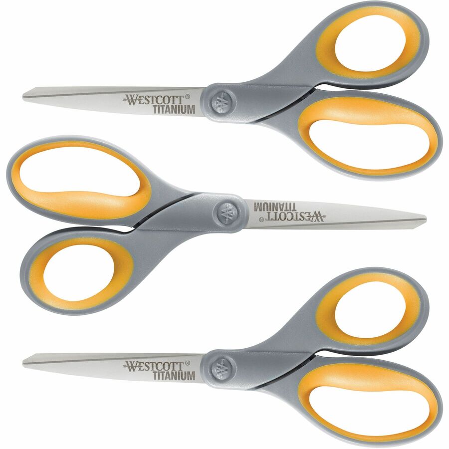 Westcott Titanium Bonded Scissors Set - 3.50" Blade Length - 8" Overall Length - Straight-left/right - Titanium - Pointed Tip - Gray/Yellow - 3 / Pack
