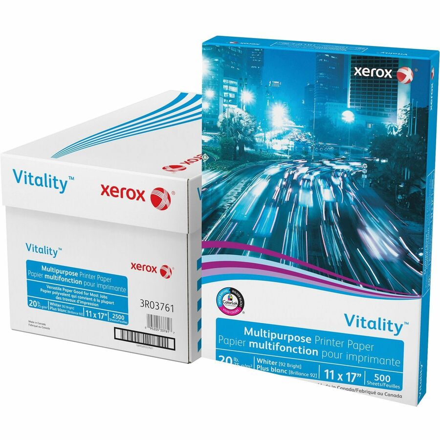 Xerox Vitality Multipurpose Printer Paper - 92 Brightness - 11" x 17" - 20 lb Basis Weight - 75 g/m², Grammage - ColorLok Technology, Jam-free, Plain - White - 500 Sheets per Ream - 5 / Carton