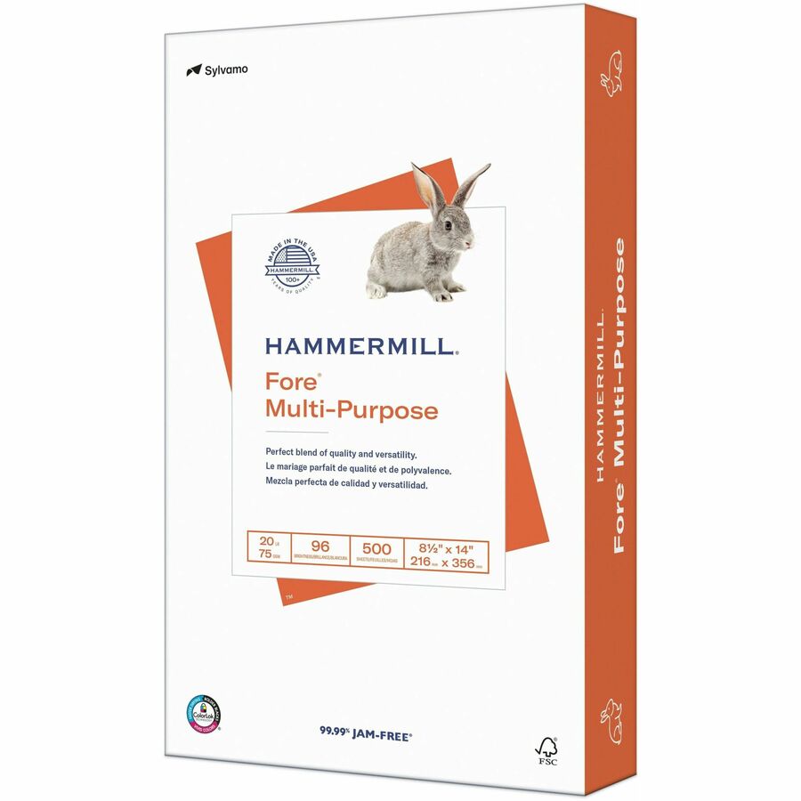Hammermill Fore Multi-Purpose 20 lb. Paper - 96 Brightness - 90% Opacity - 8 1/2" x 14" - 20 lb Basis Weight - 75 g/m², Grammage - Jam-free, ColorLok Technology, Acid-free, Fast-drying, Double-sided - White - 500 Sheets per Ream - 10 / Carton