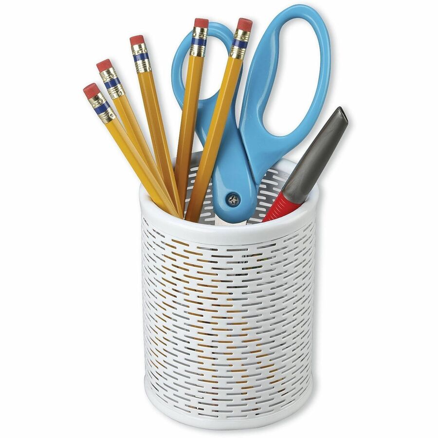 Artistic Urban Coll. Punched Metal Pencil Cup - 4.5" Height - Metal, Steel - White - Punched Hole, Scratch Resistant, Durable, Heavy Duty, Rounded Edges, Sturdy - 1 Each