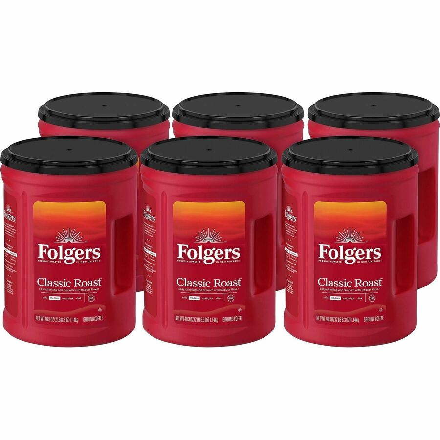 Folgers&reg, Ground Classic Roast Coffee - Medium - 40.3 oz Per Canister - Ground - Mountain Grown, Classic Roast - Kosher - 6 / Carton