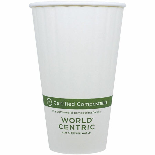 World Centric Compostable Double-Wall Paper Hot Cups - 16 fl oz - Leak Proof Closure - White - Paper - Hot Drink, Coffee, Tea, Coffee Shop, Cafe, Cold - 15 / Carton