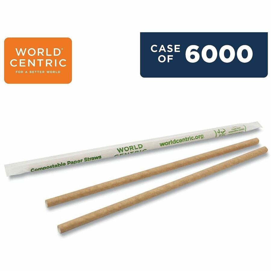 World Centric Compostable Kraft Paper Straws - 8" Length x 0.2" Width x 0.2" Height - Kraft Paper - Natural - 100/Pack - 60 / Carton