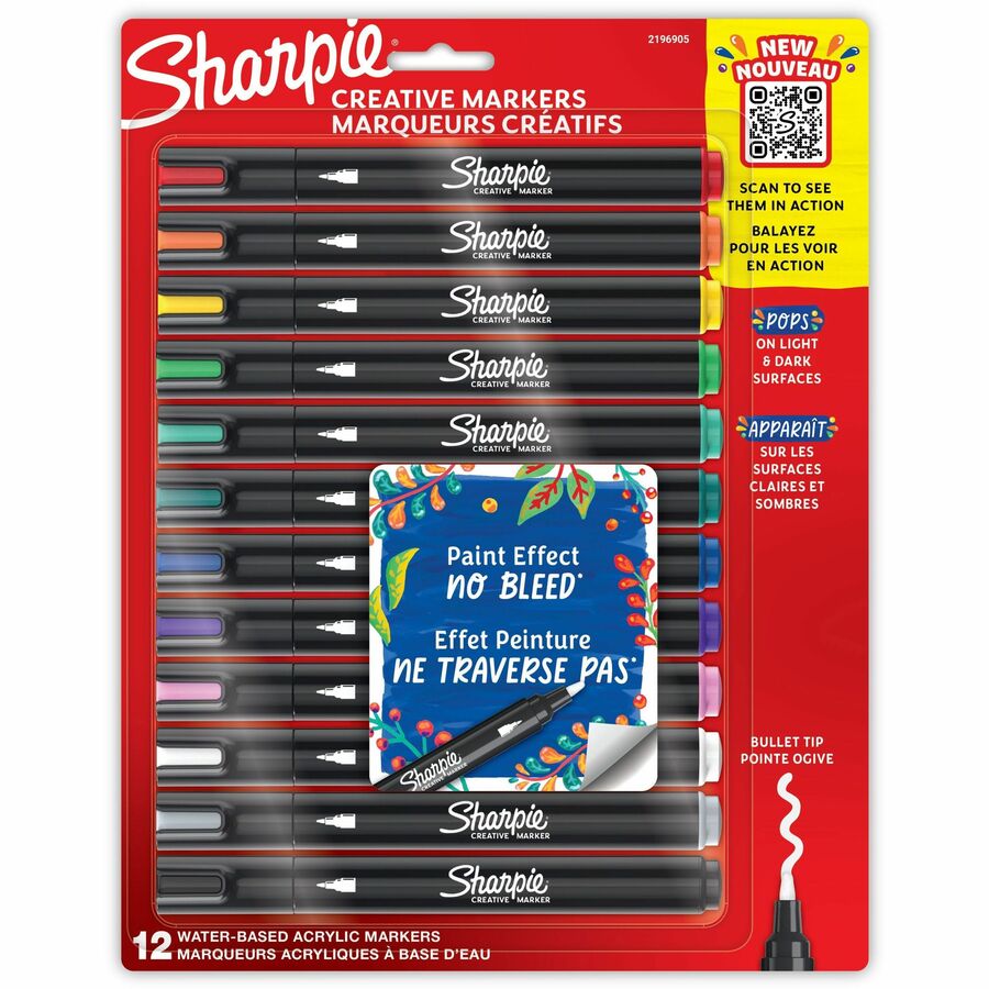 Sharpie Creative Markers, Water-Based Acrylic Markers, Bullet Tip - Assorted Ink - Water Based - Black Barrel - 12 / Pack