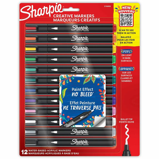 Sharpie Creative Markers, Water-Based Acrylic Markers, Bullet Tip - Assorted Ink - Water Based - Black Barrel - 12 / Pack